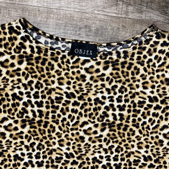 OBJEX Dark Brown Leopard Print Blouse Size M Short Sleeve Animal Print T-Shirt - Picture 6 of 10